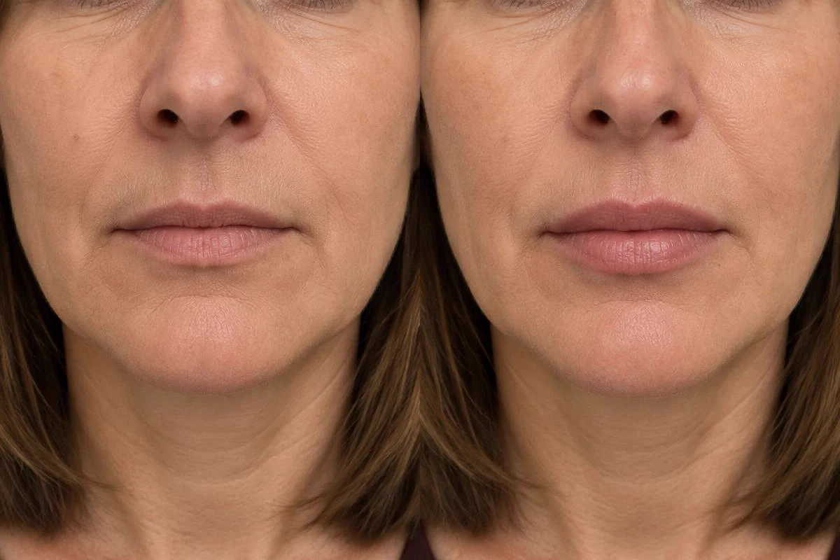 Illustrative before and after lip filler result on a middle-aged adult