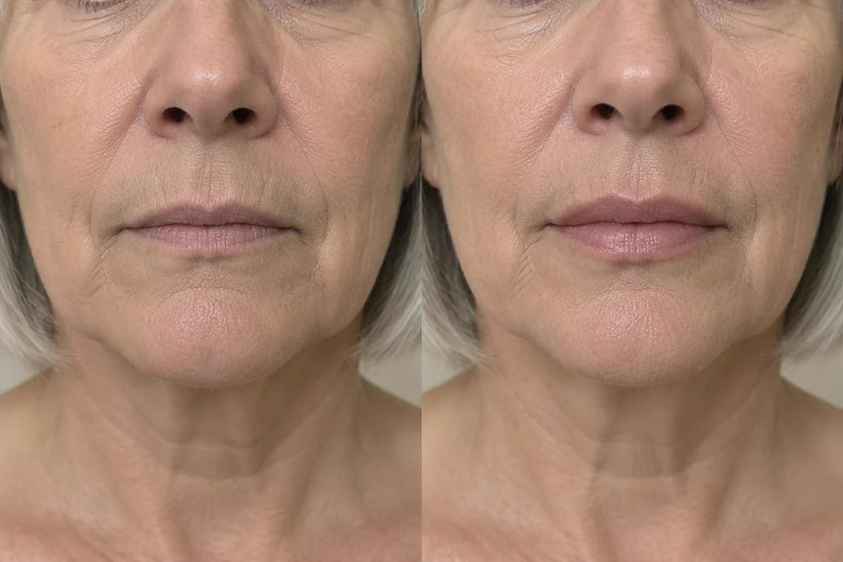 Illustrative before and after lip filler result on an older gray-haired adult
