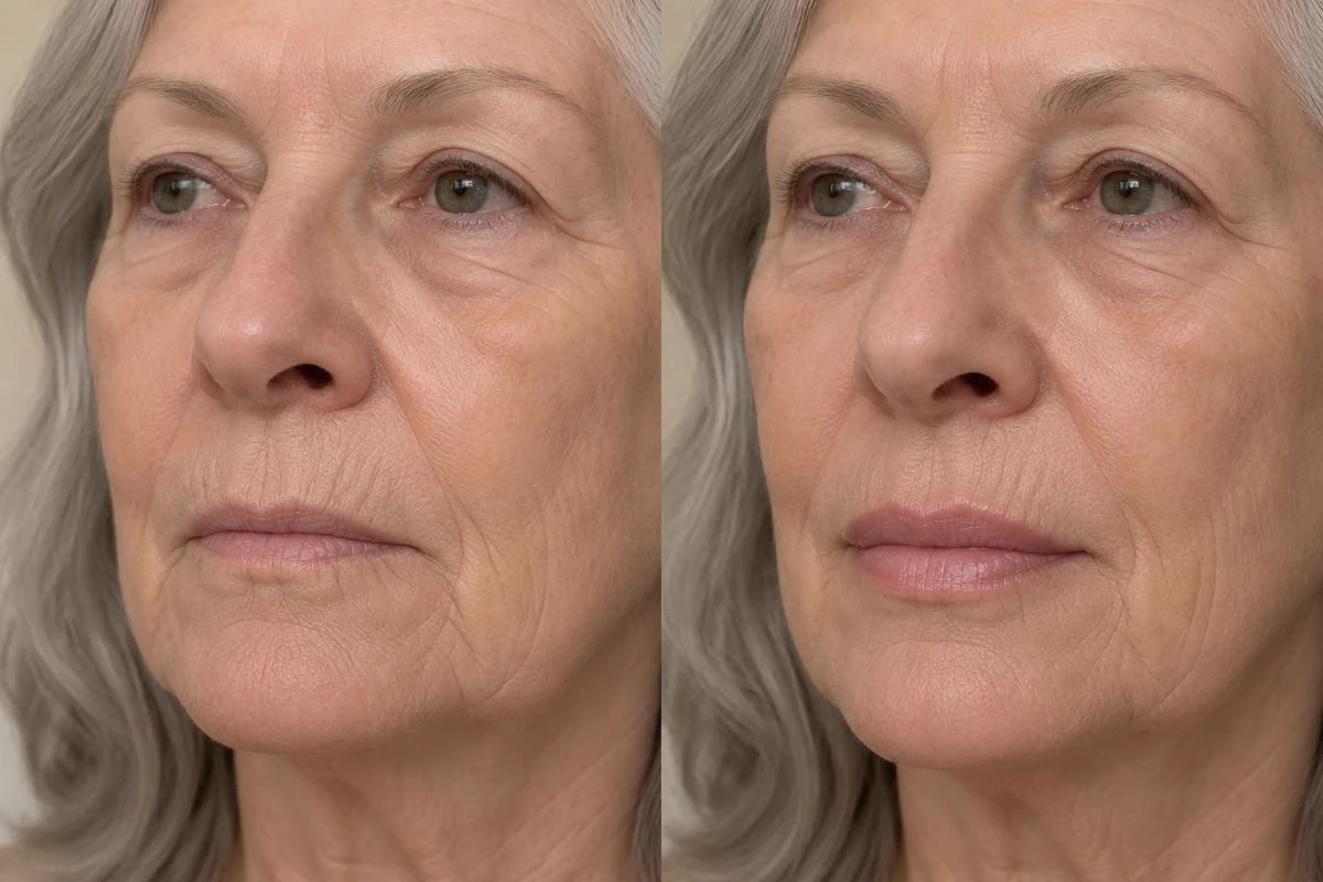 Illustrative before and after lip filler result on an older woman