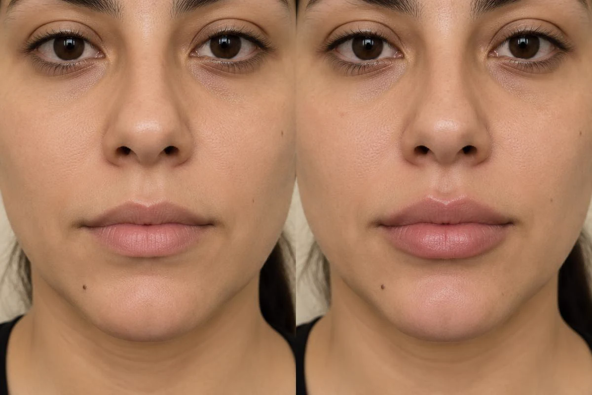 Illustrative before and after lip filler result on a younger adult