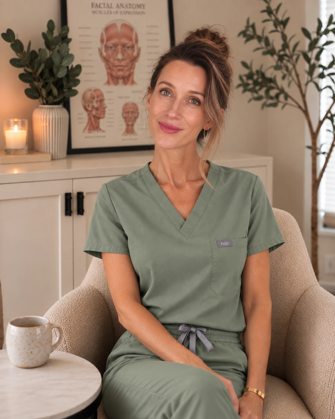 Olivia Walter, MSN, APRN, seated in green scrubs with facial anatomy artwork behind her