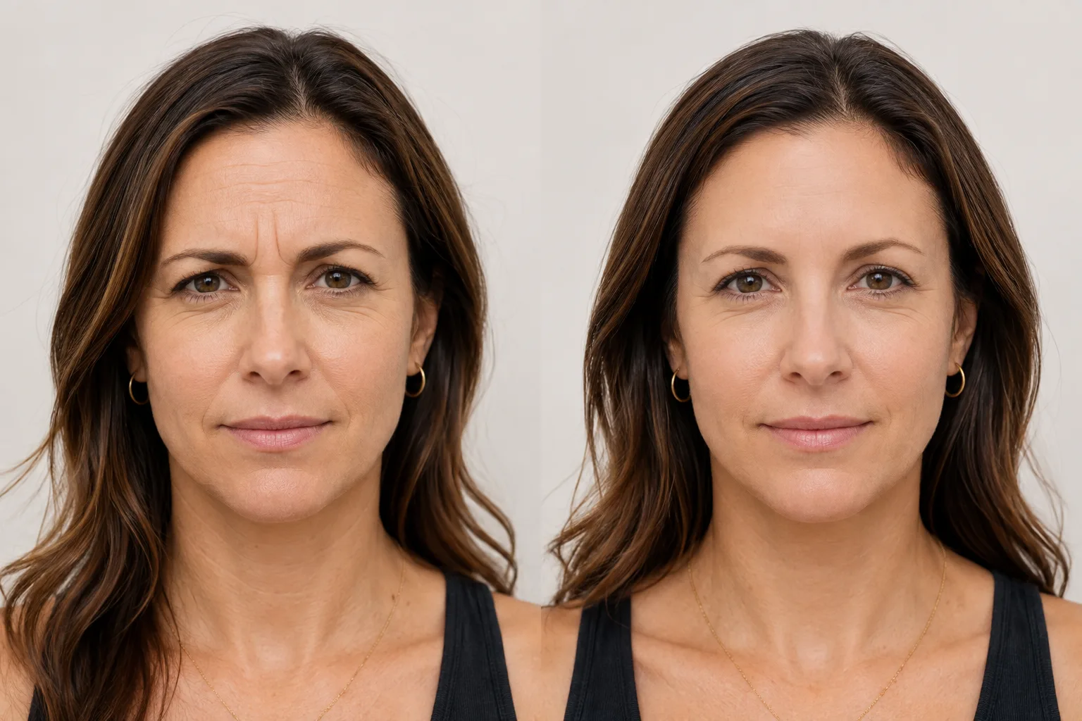 Before and after tox treatment softening frown lines between the brows